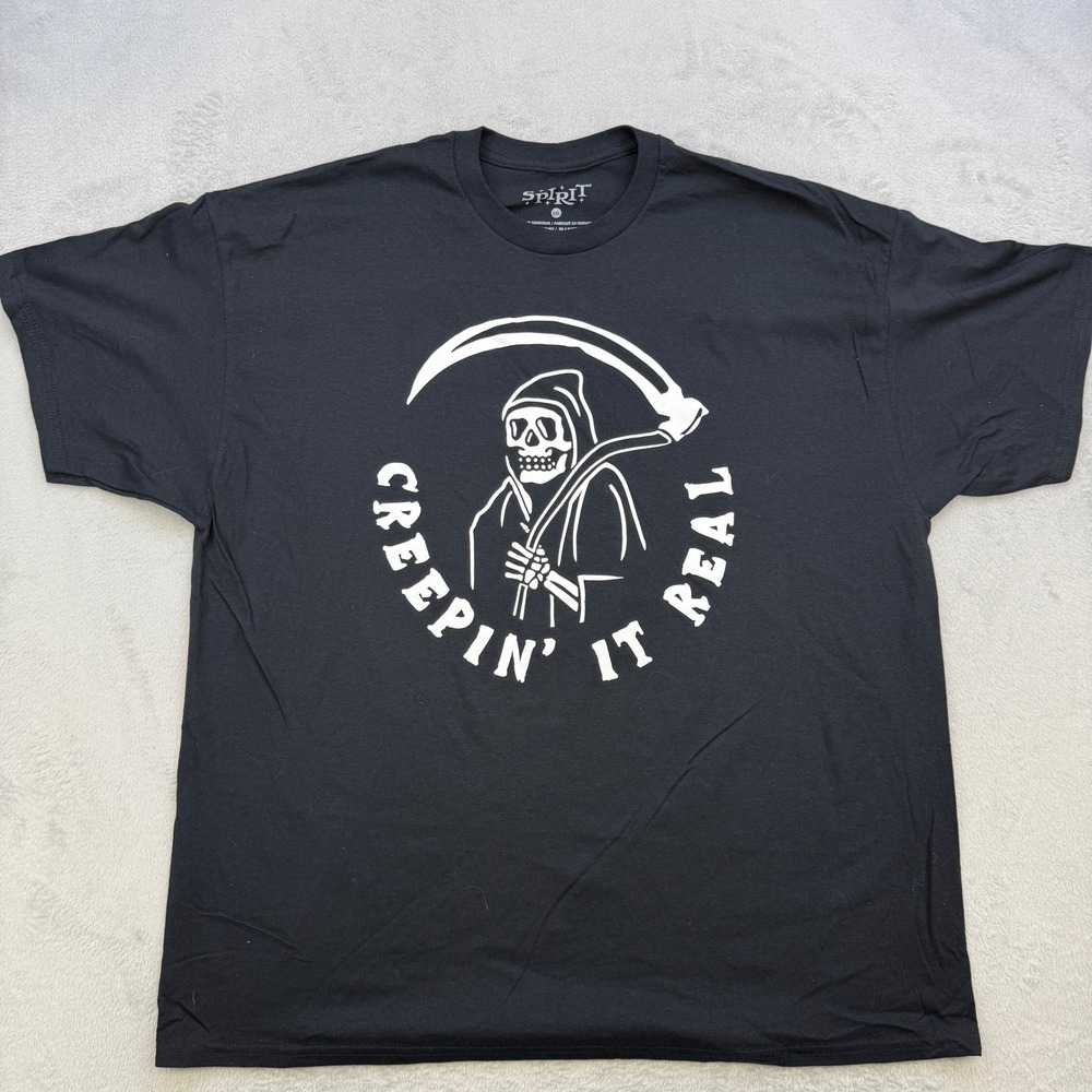 Spirit Halloween Shirt Mens 2XL Black Creepin It Real Grim Reaper Goth Spooky